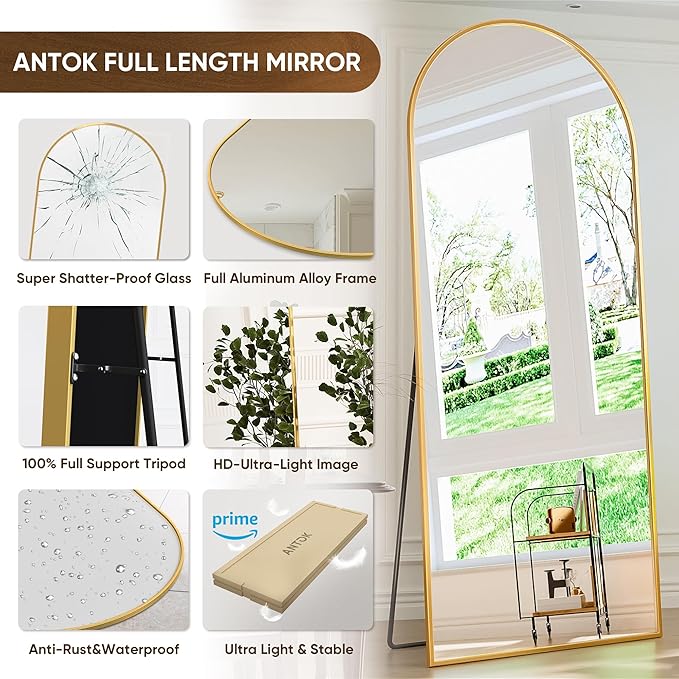Antok Arched Full Length Mirror, 71"x28" Gold Metal Frame Floor Mirror for Bedroom Living Room, Freestanding/Wall Mount/Leaning