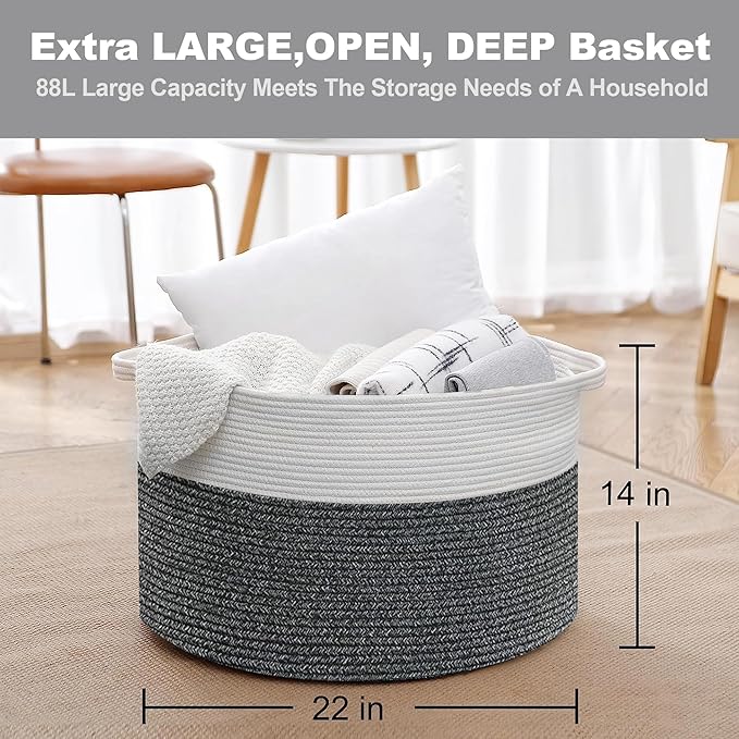 MEGASKET Large Throw Blanket Basket, 22" X 22" X 14" XXXL Blanket Holder for Living Room, Big Wicker Baskets for Storage, Woven Cotton Rope Kids Toy Box, Throw Pillow Holder Organizer Bin