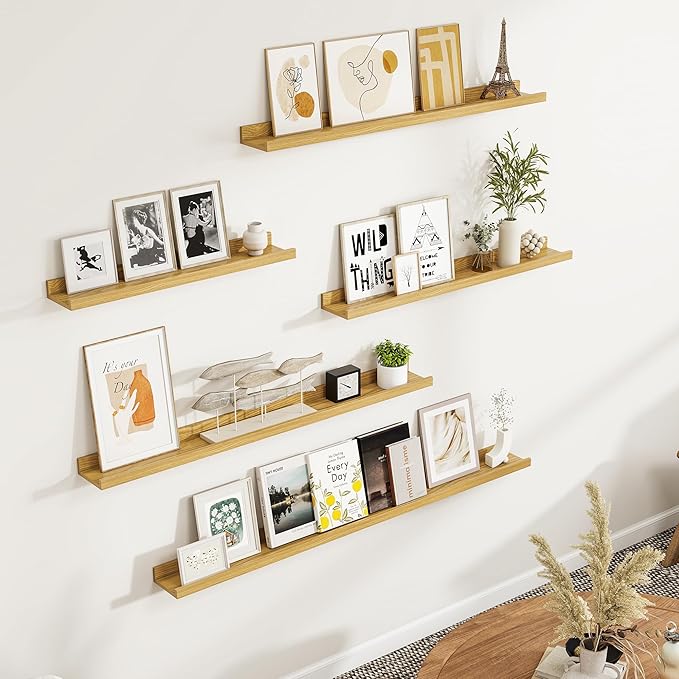 Fun Memories Picture Ledge Shelf, Floating Shelves Set of 4, 40 Inch Picture Shelves for Wall with Ledge, Large Nursery Book Shelf for Toys Storage, Living Room, Bedroom Decor Frames, Oak