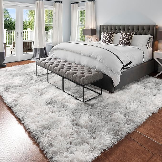 Amdrebio Tie-Dyed Light Grey Large Living Room Rugs 6x9, Furry Shag Area Rug for Bedroom, Big Soft Fluffy Rug for Kids Room Decor, Modern Fuzzy Shaggy Carpet, Plush Floor Rug for Classroom