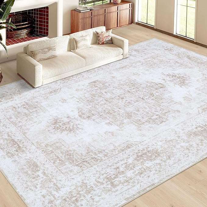 XLUEZ Area Rug 10x14 Living Room Rug, Machine Washable Vintage Distressed Medallion Rug Non-Slip Soft Low Pile Large Indoor Rugs for Bedroom Kitchen Dining Room Office(Beige,10'x14')