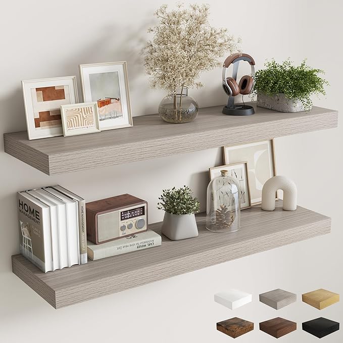 Fun Memories 12 Inch Deep Floating Shelves, 48 x 12 Floating Shelves for Wall Set of 2, Extra Deeper Hanging Wood Wall Shelves for Bedroom, Living Room, Kitchen, Grey