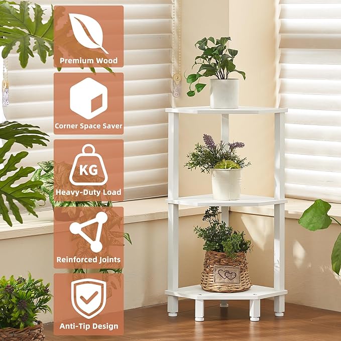 YUFAM 3-Tier Corner Shelf with Sturdy 5-Leg Base, 30in Tall Narrow Bookcase for Small Spaces, Wooden Plant Display Shelf, Thin Bookshelf for Living Room, Bedroom, Office, White