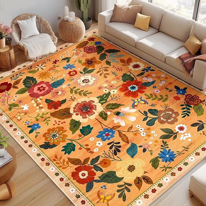 RELEANY Floral Nursery 9x12 Area Rugs Washable Print Boho Cute Carpet Non Slip Flower Low Pile for Living Room Kids Girls Playroom Bedroom Kitchen Office Farmhouse-Yellow/Orange