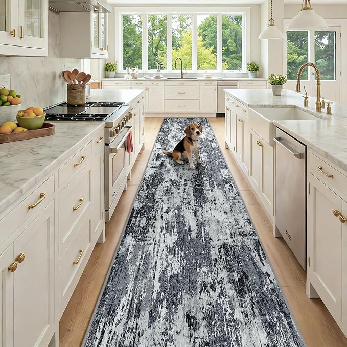 RELEANY Washable Area Rugs 2'6"x14 Non-Slip Modern Abstract Soft for Living Room Entryway Bedroom Nursery, Print Pattern, Black Navy Blue Gray