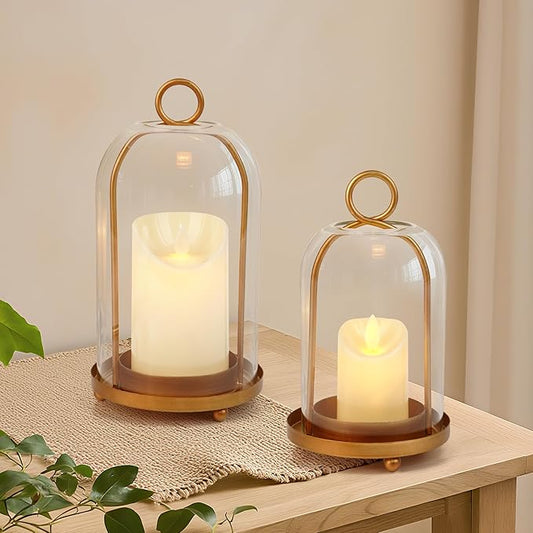 Glass Hurricane Candle Holder Decorative Gold Candle Lantern, Pillar Candlestick Holders Set of 2, Hanging Metal Holder Modern Table Centerpieces, Antique Brass