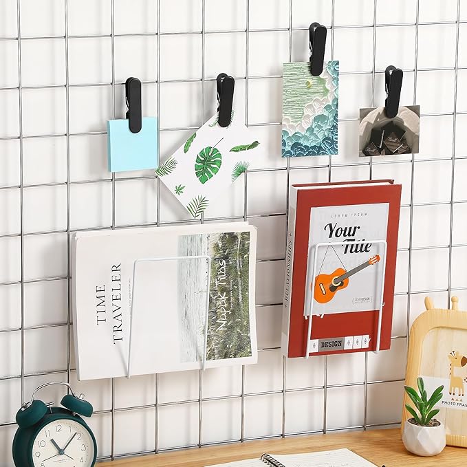 MorningRo 4 Pack Wall Grid Panel Accessories Gridwall Shelf Metal Wire Magazine Holder Literature Display Book Mail Card File Organizer Bookshelf Hooks for Exhibition Trade Show Office Retail (White)