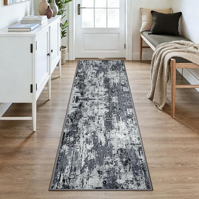 RELEANY Washable Area Rugs 2'6"x8 Non-Slip Modern Abstract Soft for Living Room Entryway Bedroom Nursery, Print Pattern, Black Navy Blue Gray