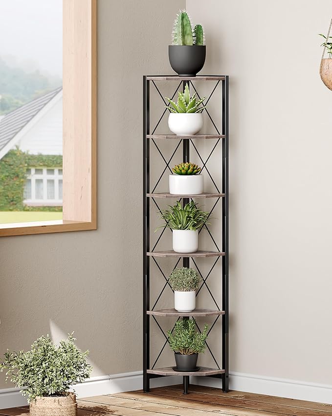 CHOEZON 6-Tier Corner Shelf, Corner Bookcase, 66.9" Tall Vertical Display Rack, Plant Stand, Open Storage Shelf, for Living Room, Bedroom, Study, Kitchen, Greige and Black TCJ13BG