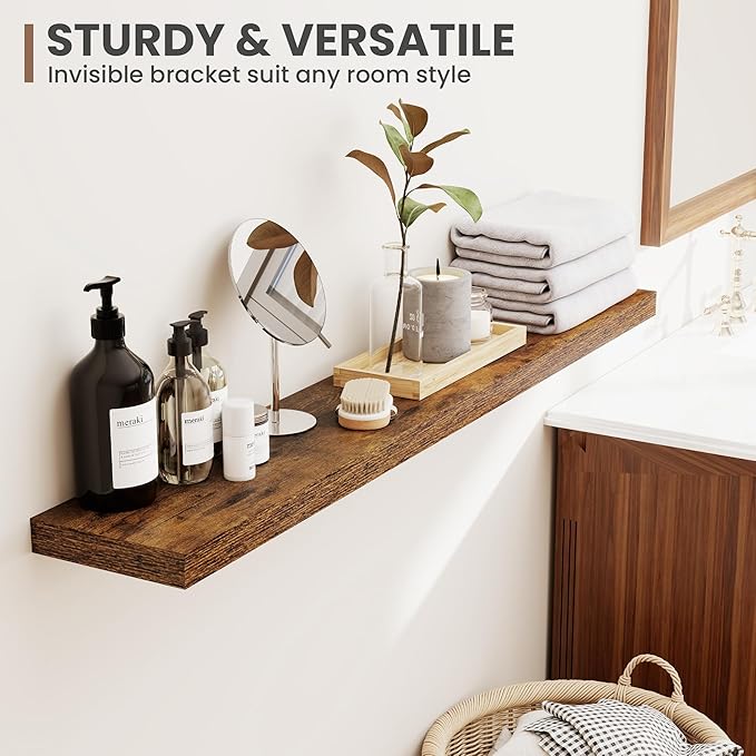 Acovy 30 Inch Floating Shelves, 8 Inch Deep Floating Shelves for Wall, Hanging Shelf with Invisible Brackets, Deep Shelves for Bathroom, Bedroom, Living Room, Brown, Set of 2
