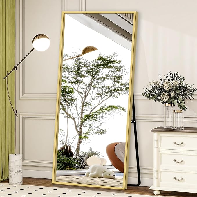 GlasFlength Full Body Mirror with Stand, 71" x 32" Full Length Mirror with Aluminum Alloy Frame Wall-Mounted/Leaning Against Wall/Floor Standing Mirror for Home Decor, Gold