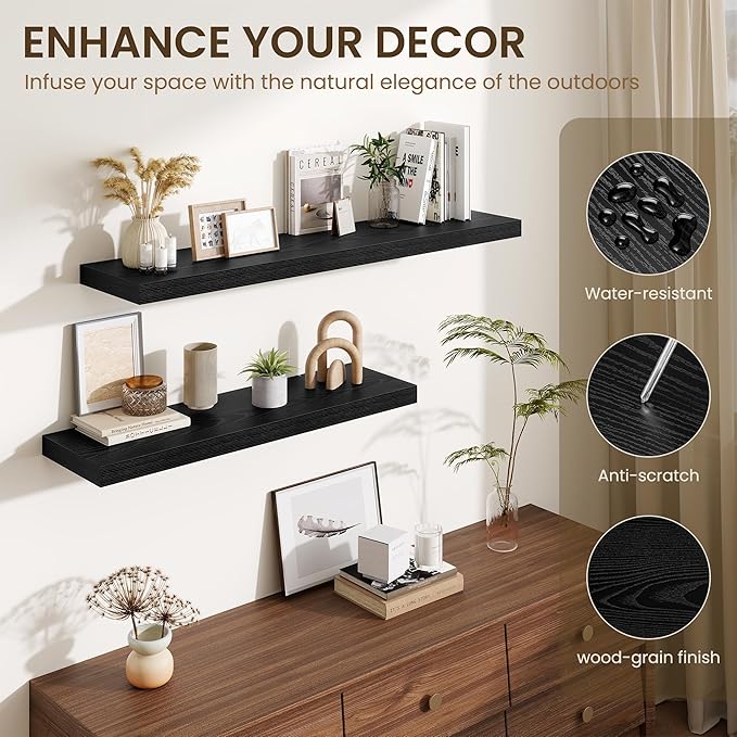 Fun Memories Floating Shelves Set of 2, 40 Inch Long Wooden Wall Shelves, 10 Inch Deep Wall Mounted Storage Shelf with Metal Brackets for Living Room, Bathroom, Bedroom and Kitchen, Black