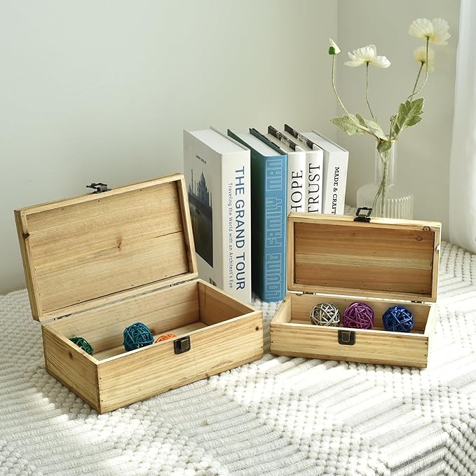 DECOR4SEASON Decorative Storage Boxes with Hinged Lid, 2 Pcs Memory Box for Keepsakes, Wooden Treasure Chest Box, Large Vintage Craft Box Trunk Basket for Men, Kids, Jewelry, (Linen Lid, White)