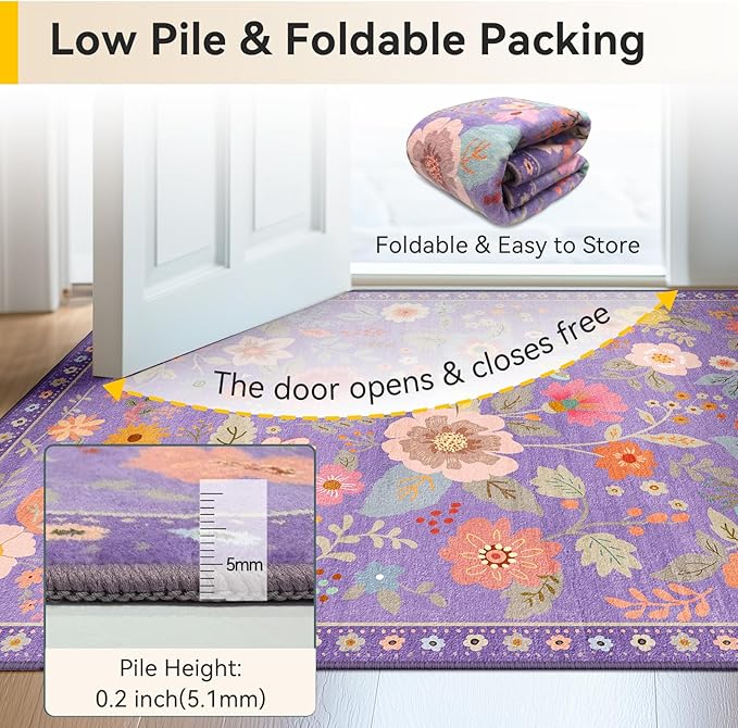 RELEANY Floral Nursery Square 4ft Area Rugs Washable Print Boho Cute Carpet Non Slip Flower Low Pile for Living Room Kids Girls Playroom Bedroom Kitchen Office Farmhouse-Purple/Pink/Multi