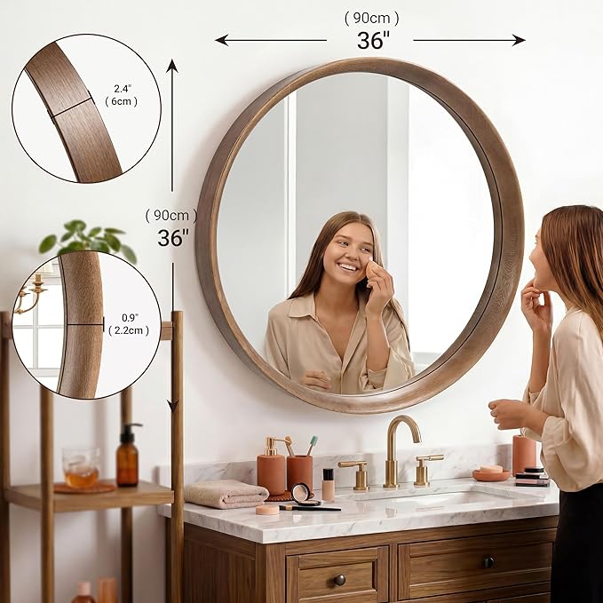 Brakki Round Wall Mirror with Wood Frame, 36 inch Circle Mirror for Bathroom Bedroom Entryway Vanity Living Room, HD Shatterproof Glass, Wall Mounted Decor, Hanging or Leaning, Walnut