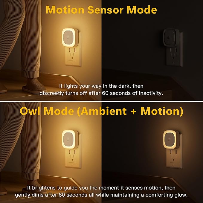 YUNLEX 2 Pack Plug in Night Light with Motion Sensor & Dusk to Dawn Sensor, 3 Sensor Modes, Dimmable Night Lights Plug into Wall, Warm White Nightlight for Kids, Bathroom, Bedroom, Kitchen, Indoor