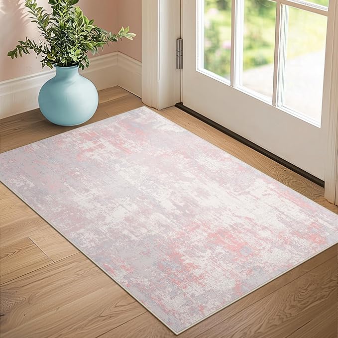 RELEANY Washable Area Rugs 3'x5' Non-Slip Modern Abstract Soft for Living Room Entryway Bedroom Nursery, Print Pattern, Grey Pink