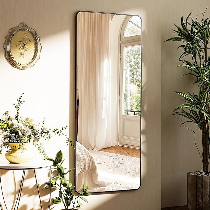 Black Full Length Mirror 21 x 56 Inch Nano Floor Mirrors with Stand Rounded Corner Full Body Mirrors with Aluminum Alloy Frame for Bedroom Living Room Checkroom