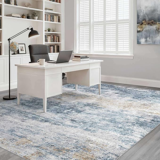 6x8 Area Rugs Living Room: Washable Large Neutral Rug Abstract Soft Modern Stain Resistant Indoor Floor Non-Slip Carpet for Bedroom Nursery Kids Office Playroom Dining Room Under Table- Blue Gold