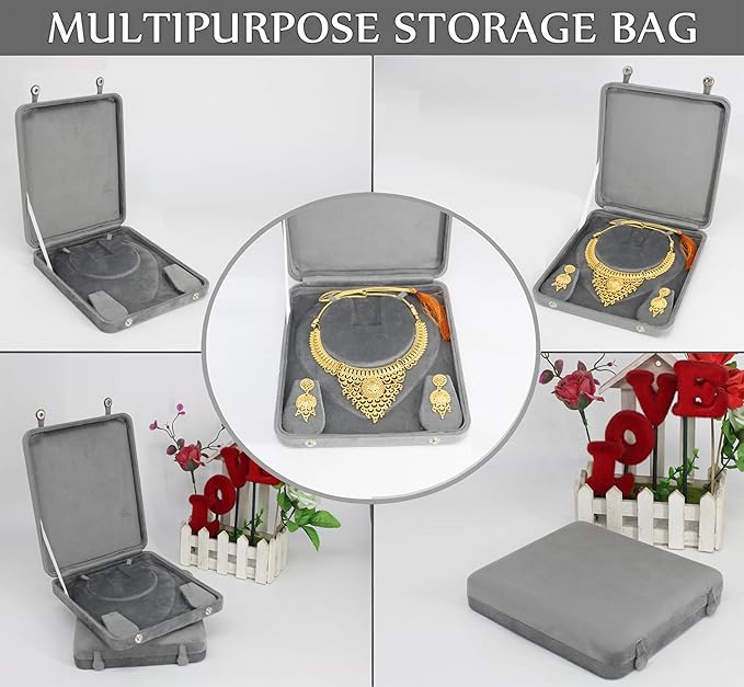 atorakushon Large Velvet Jewelry Box Big Necklace with Ring Earring Pendant Gift Case Pearl Necklace/Chunky Necklace Storage Pouch for Women Grey