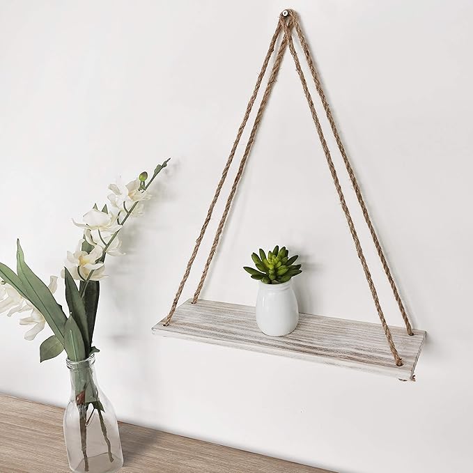 17 x 5 inch Wall Hanging Floating Shelves, Distressed Wood Farmhouse Organizer, Rustic Home Décor for Living Room Bathroom Bedroom Kitchen Apartment, Set of 3, Wash White