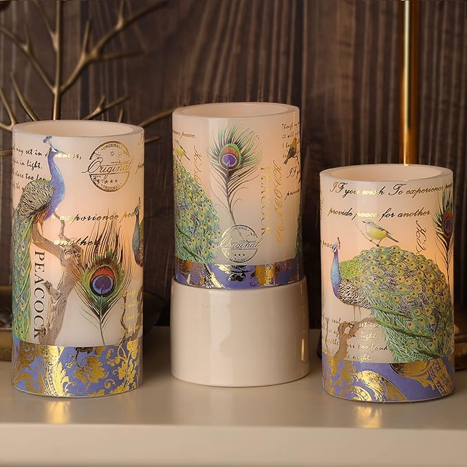 Flameless Candles Peacock Decor Battery Operated Candle with Remote Real Wax Flickering LED Pillar Candle Vintage Home Decor for Spring, Summer, Wedding Decor, Mothers Day Gifts