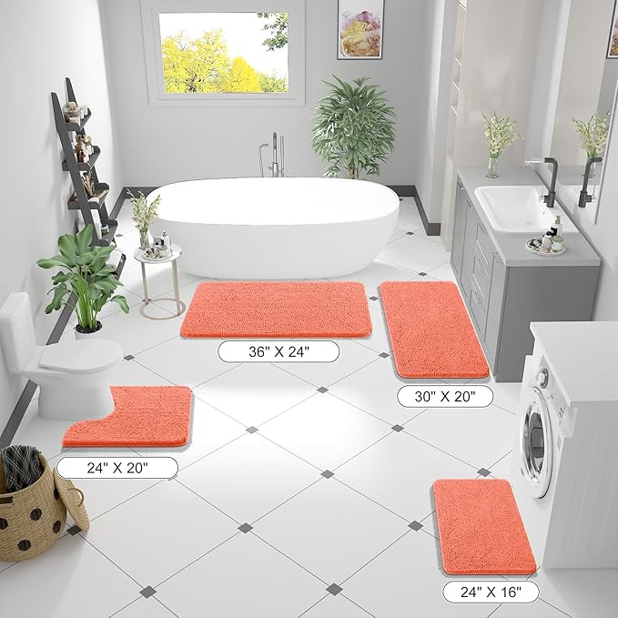 OLANLY Bathroom Runner Rugs 59x20, Extra Soft Absorbent Chenille Bath Rugs, Rubber Backing Quick Dry, Machine Washable Long Bath Mats for Bathroom Floor, Tub and Shower, Home Decor Accessories, Coral