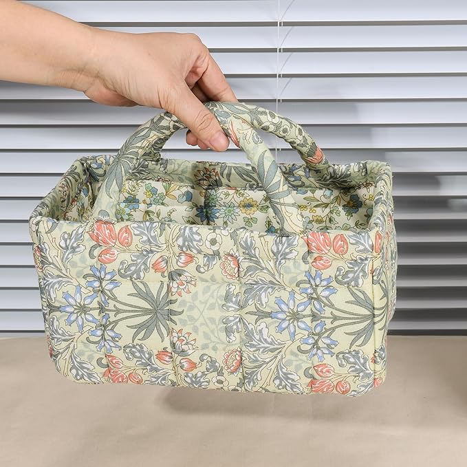Mini Storage Basket, Small Quilted Boho Fabric Organizer Bin with Handle, Portable Collapsible Basket for Socks, Keys, Diaper