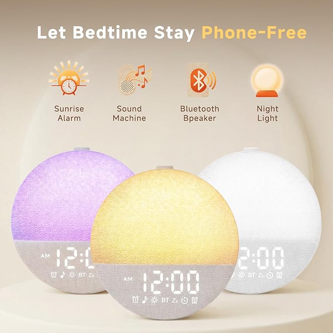 Geuuap Sunrise Alarm Clock White Noise Machine | Natural Wake-Up Light for Bedroom with 30 Soothing Sleep Aids, Bluetooth Speaker, Dimmable Clock, Screen-Free Design for Baby Adults Kids-Khaki