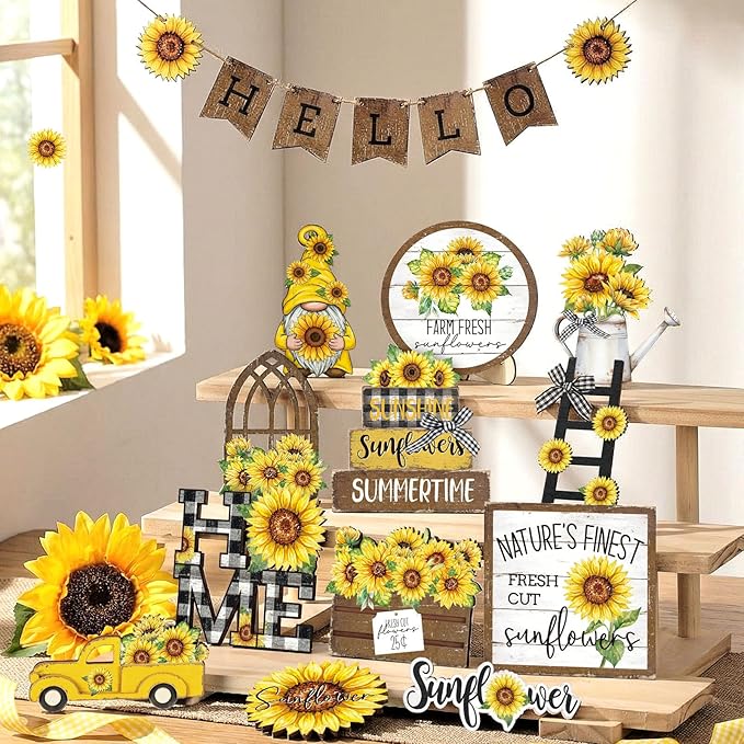 Bucherry 23 Pcs Sunflower Tiered Tray Decor Spring Decorations for Home Farmhouse Decorative Trays Wooden Sign Table Centerpieces for Home Kitchen Shelf supplies (Sunflower)