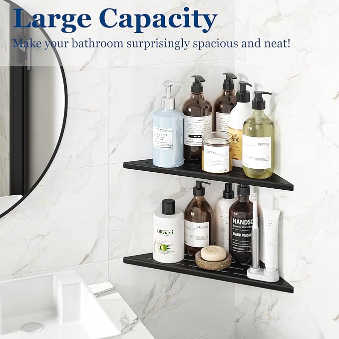 Qeke Corner Shower Shelves, 12” Recessed Tile Shower Shelf, 304 Stainless Steel Grout in Corner Tile Shower Shelves, No Drilling, Matte Black, 2 Pack