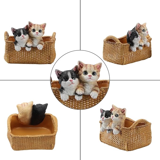 Cute Cat Statue Valet Tray - Decorative Kitten Catchall Basket Organizer - Entryway Key Holder Bowl & Aesthetic Animal Room Accents