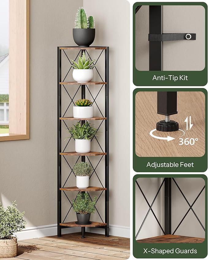 CHOEZON 6-Tier Corner Shelf, Corner Bookcase, 66.9" Tall Vertical Display Rack, Plant Stand, Open Storage Shelf, for Living Room, Bedroom, Study, Kitchen, Rustic Brown and Black TCJ13BF
