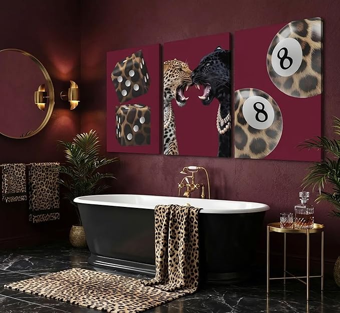 3Pcs Trendy Leopard Canvas Wall Art Funky Lucky 8 Ball Pictures Wall Decor Eclectic Cheetah Preppy Aesthetic Posters Prints Paintings for Bedroom Dorm Living Bathroom Decoration Prepare To Hang