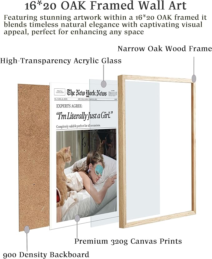 EcoHest Trendy Newspaper New York Magazine Framed Wall Art, 16x20 in Large OAK Wood I‘m Literally Just a Girl Canvas Wall Art, Preppy Home Decor, Beige Retro For Bedroom Living Room 1Pack