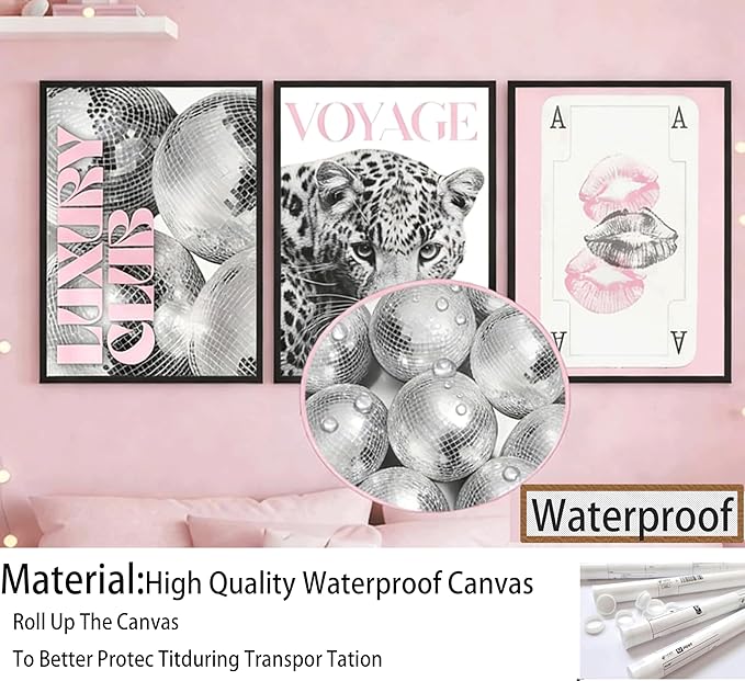 3pcs Pink Fashion Leopard Print Wall Art,Black and White Cheetah Pattern Canvas Poster,Funny Playing Card Painting,Lip Disco Ball Pictures Wall Decor for Girls' Room Living Room Bedroom 24x16in Unframed