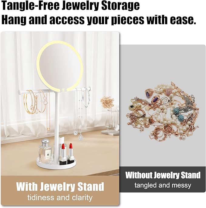 bodkar 2 in 1Lighted Jewelry Organizer Stand with Makeup Mirror – LED Touch Control Vanity Mirror Necklaces Organizer – 3 Light Modes, Jewelry Holder with Tray for Bedroom, Dresser, Gift for Women
