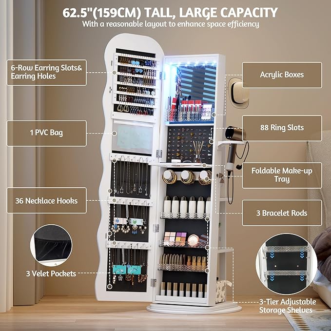 Vlsrka 360° Swivel Jewelry Aromire with Wavy Mirror, Lockable Jewelry Organizer Mirror Full Length, Rotatable Standing Mirror with Storage, Jewelry Cabinet, Interior Mirror, Flodable Shef (White)
