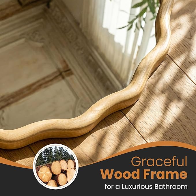 TRAHOME Round Wood Mirrors for Wall, 24" Boho Cirecle Wavy Mirror with Wooden Frame, Decorative Mirror with Tempered Glass, Natural Wooden Frame Vanity Mirror for Bedroom, Living Room, Entryway