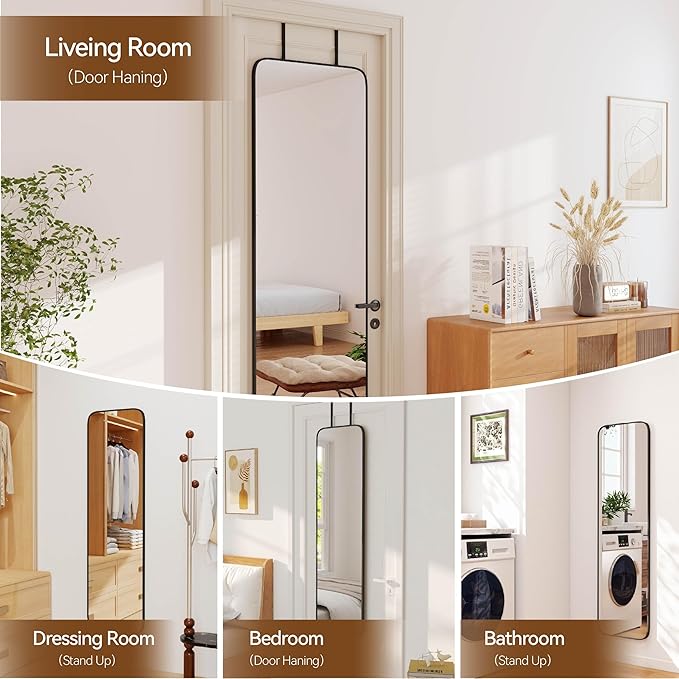 NARCISSUS 47x14 Mirror Door Hanging Full Length,Over Door or Wall Mounted Aluminum Alloy Frame Tempered Glass Rectangle Full Body Mirrors for Bedroom Dressing Living Room Bathroom 47 inch Black