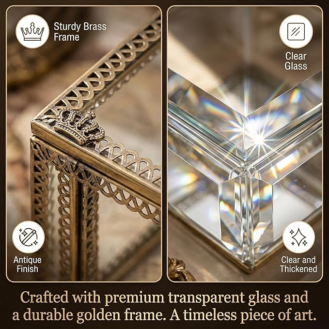 Veemoon Elegant Small Glass Jewelry Storage Box Clear Decorative Jewelry Display Case Lady Square Keepsake Box Trinket Organizer Vintage Make up Storage can for Earrings Pendants Cosmetic, 3.5×2.3"