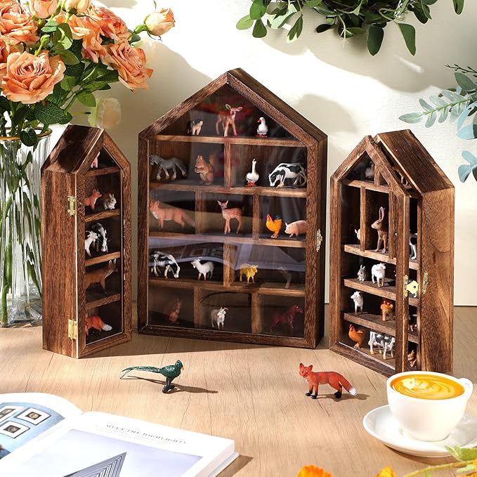 DoubleFill Set of 3 Wooden Trinket Display Shelf Shadow Box with Shelves 10 x 15 Inch Large Wall Mounted Display Storage Mini Figures Curio Trinket Medals Crafts Collections(Brown,House Shape)