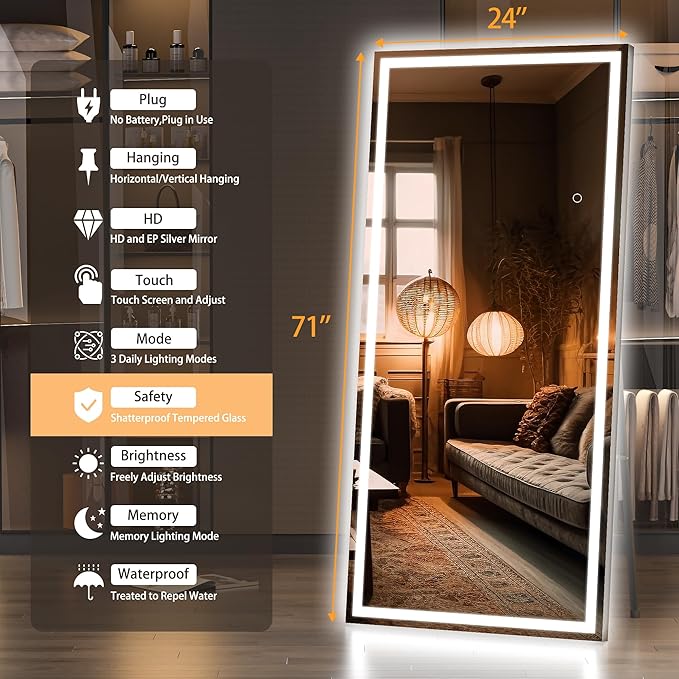 Hasipu Full Length Mirror with Lights, 71" x 24" LED Lighted Floor Standing, Full Body Dressing Hanging Mounted Mirror, Tempered Glass, Square Black