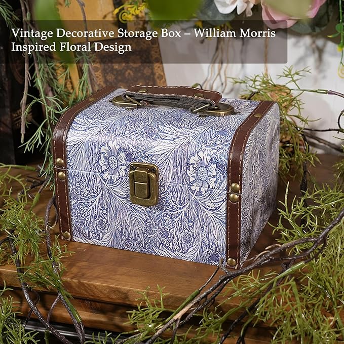 Vintage Decorative Storage Box with Handle, Retro Floral William Morris Keepsake Organizer Chest for Jewelry, Trinkets, Gift Packaging and Home Decor, 7 x 5.6 x 4.7 Inch