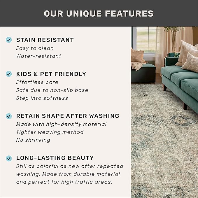 Washable Kitchen Runner Rug 2x6, Green and Brown Low Pile Soft Rugs for Bedroom Beside Bed, Runner Carpets for Hallway Non Slip, Entryway, Bathroom, Vintage Medallion Abstract Décor