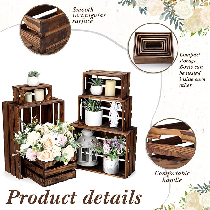 CroBlissful 6 Pcs Decorative Wood Crates for Storage Display Rustic Nesting Crates with Handle Farmhouse Wooden Storage Container Boxes for Wedding Baby Shower Birthday Party(Vintage Brown)