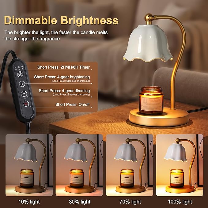Candle Warmer Lamp with Timer Dimmer, Ceramic Candle Lamp Birthday Gifts for Women, Mom, House Warming Gifts Wax Melt Warmer for Jar Candles with 2 Bulbs, Gold
