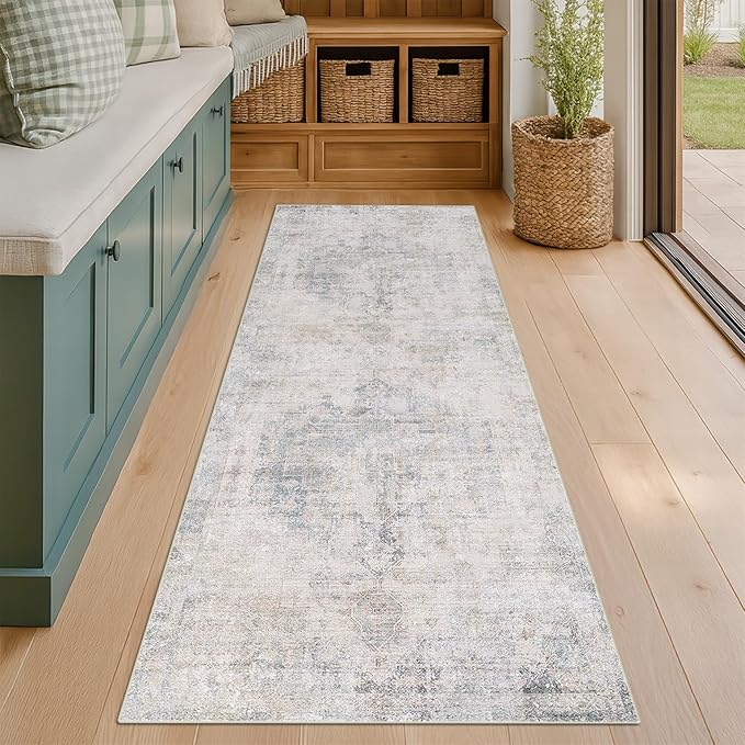 Hazo Haus Light Blue 2x6 Non Slip Bathroom Runner Rug - Blue Gray Washable Rug for Kitchen, Hallway, Non Slip with Rubber Backing, Boho Modern Abstract Runner Home Décor