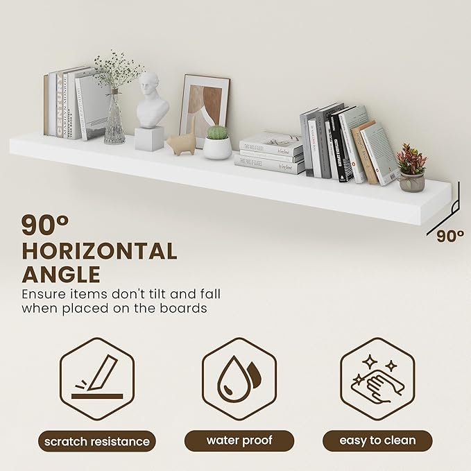 FLYJOE 72 Inch Floating Shelves | 12 Inch Deep White Floating Shelves Set of 2 | 72" W x 12" D Rustic White Wood Wall Shelves for Bathroom Living Room Kitchen Laundry Room