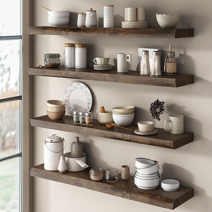 Venusmiles Live Edge Elm Floating Shelves for Wall Decor, Rustic Solid Wood Shevles Wall Mounted with Invisible Bracket for Living Room Bathroom Bedroom Kitchen, 24 Inch Set of 2, Walnut